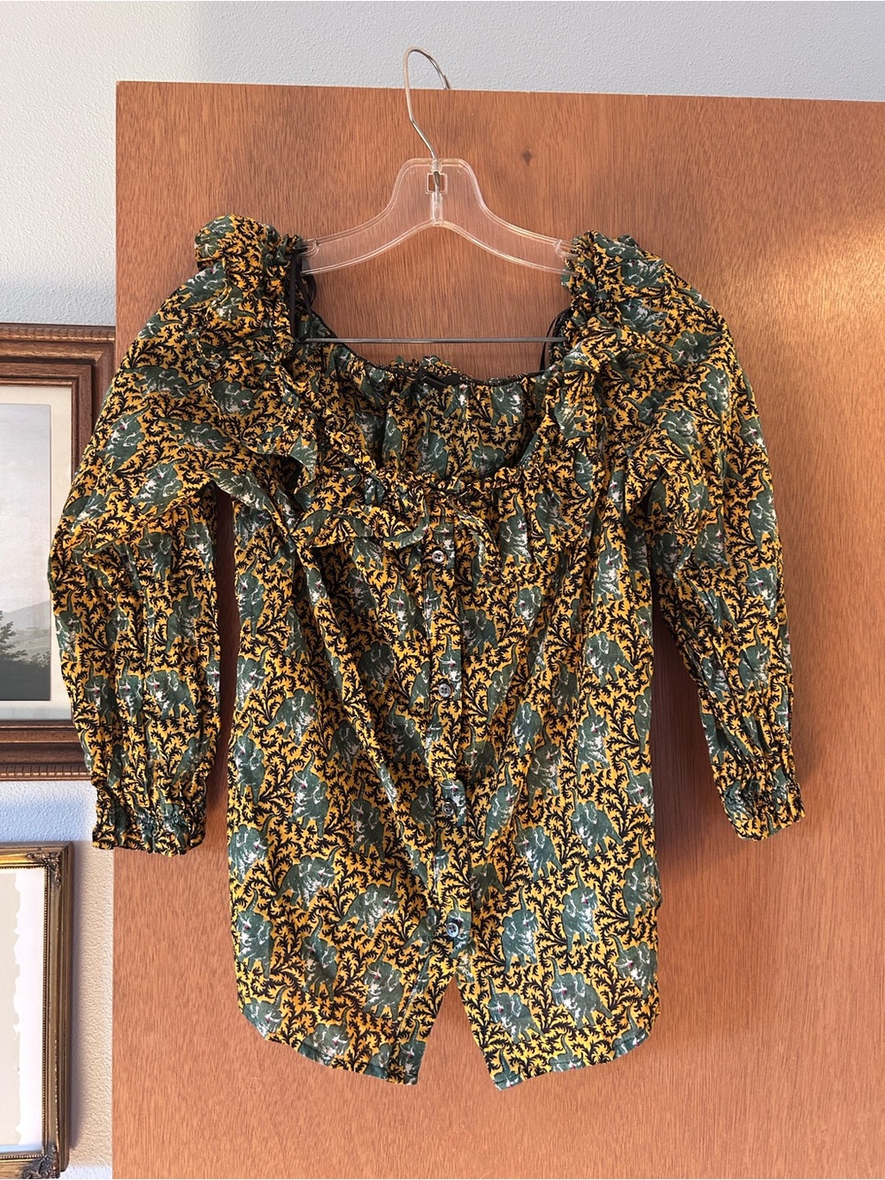 NWOT J. Crew Green and Mustard Floral Elephant Puff-Sleeve Blouse